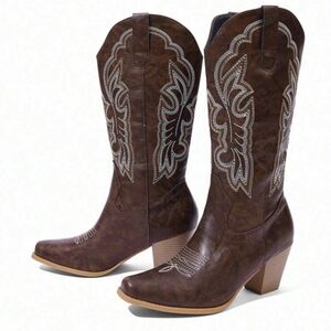 Women's Retro Western Slip Chunky Heel Square Toe Boots